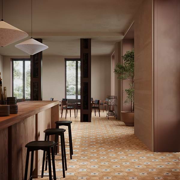 Raval Peach Terracotta 3x8 Petal and 6x6 Kite with Deco Carlota Multicolor Kite Matte Porcelain Tile