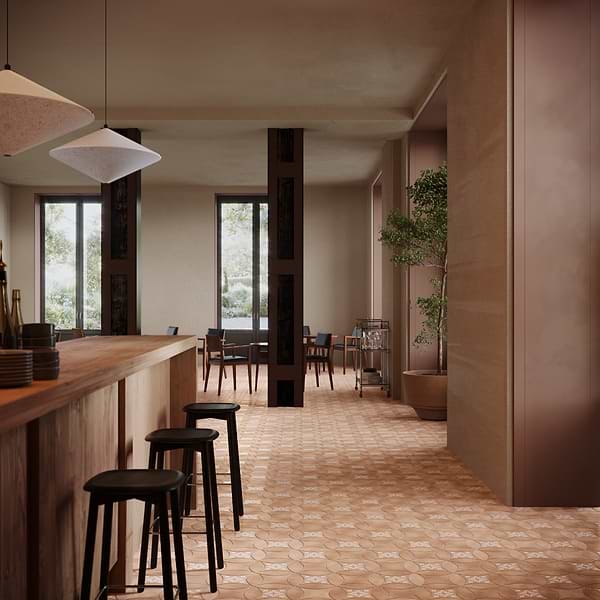 Raval Peach Terracotta 3x8 Petal and 6x6 Kite with Deco Natalia Terracotta Kite Matte Porcelain Tile