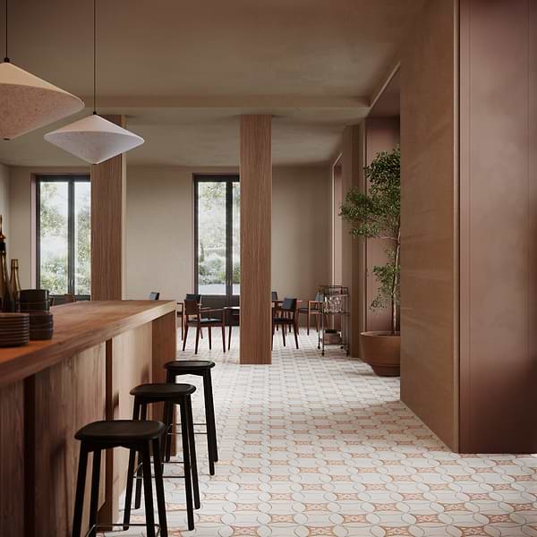 Raval White 3x8 Petal and 6x6 Kite with Deco Natalia Terracotta Kite Matte Porcelain Tile