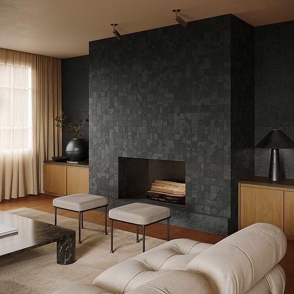 Trevino Carved Black 4x4 3D Satin Basalt Stone Tile