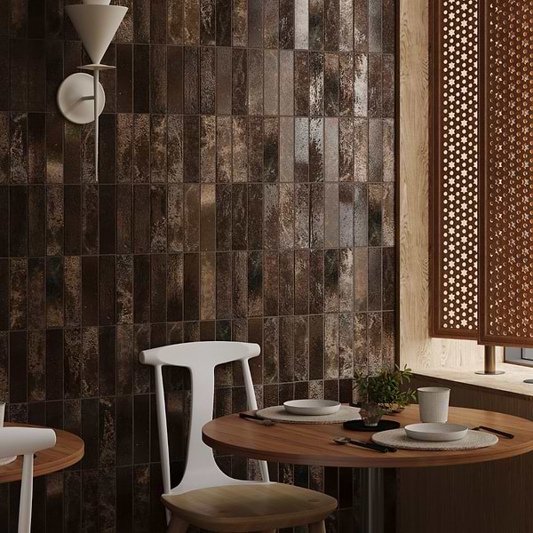 Emery Coffee Brown 2x8 Handmade Crackled Glossy Terracotta Tile