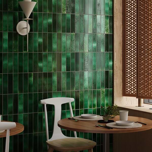 Emery Jungle Green 2x8 Handmade Crackled Glossy Terracotta Tile