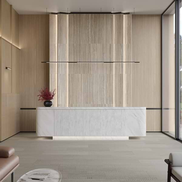 Romani Travertine Hazelnut Beige 3D Textured Veining 24x48 Stone Look Satin Porcelain Tile