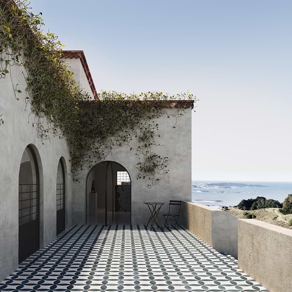 Raval Denim Blue 3x8 Petal and White 6x6 Kite Matte Porcelain Tile