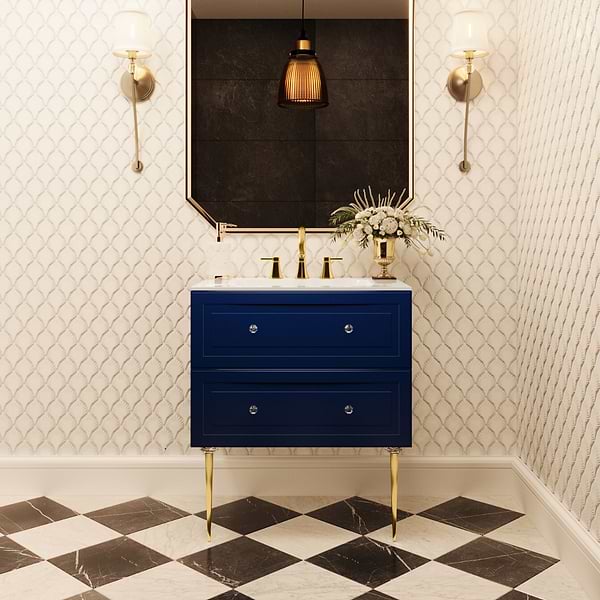 Alma Blue 30" Vanity with Gold Legs & Knobs with Integrated White Solid Surface Top