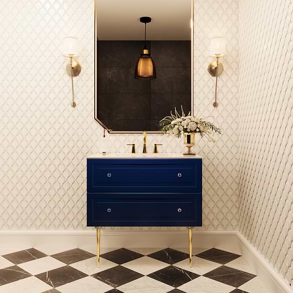 Alma Blue 36" Vanity with Gold Legs & Knobs with Integrated White Solid Surface Top