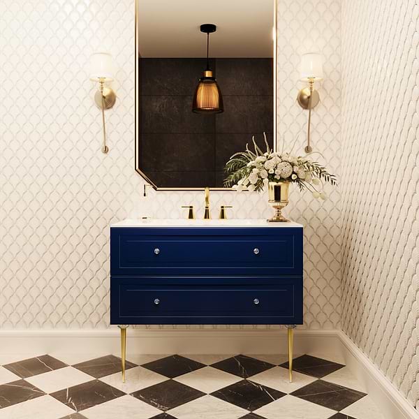 Alma Blue 42" Vanity with Gold Legs & Knobs with Integrated White Solid Surface Top