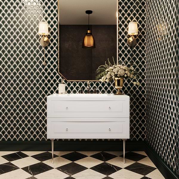 Alma White 42" Vanity with Chrome Legs & Knobs with Integrated White Solid Surface Top