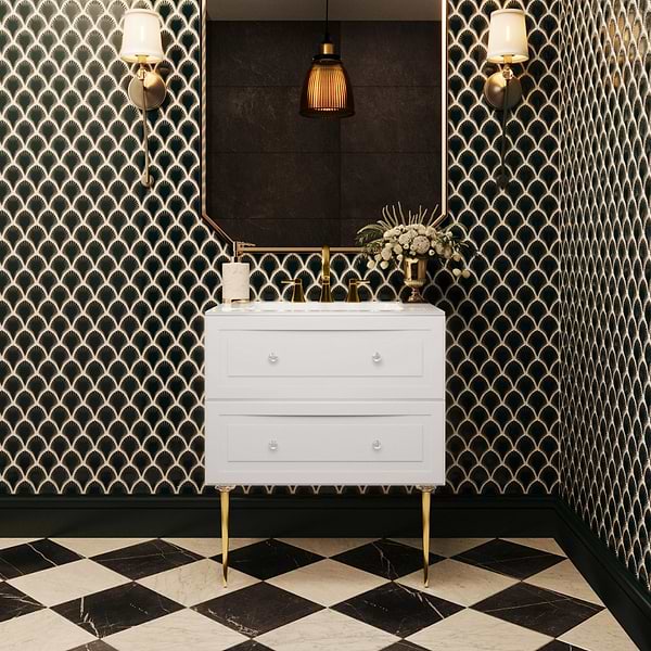 Alma White 30" Vanity with Gold Legs & Knobs with Integrated White Solid Surface Top