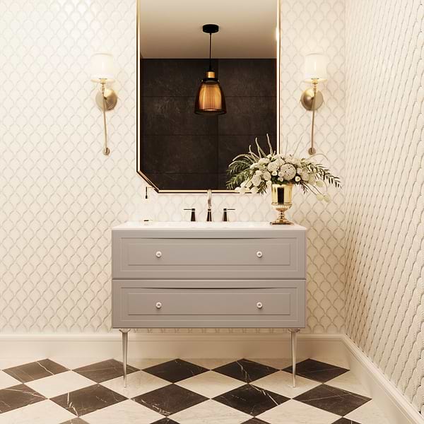Alma Taupe 42" Vanity with Chrome Legs & Knobs with Integrated White Solid Surface Top