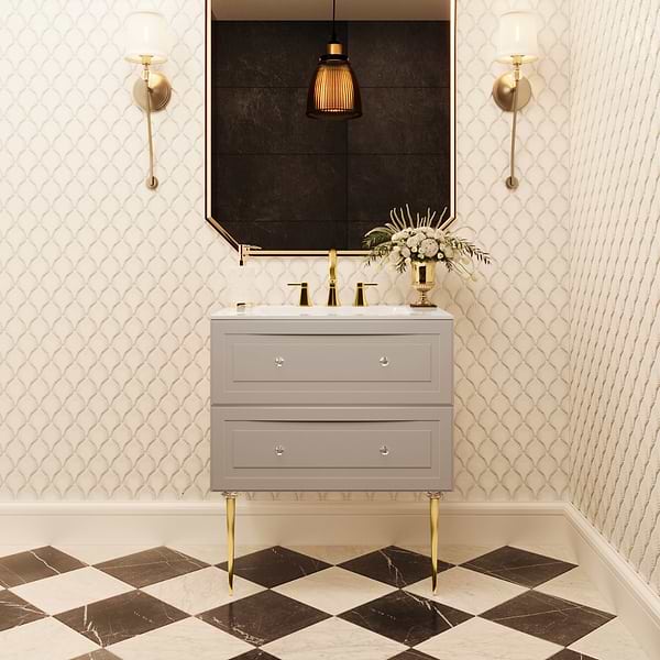 Alma Taupe 30" Vanity with Gold Legs & Knobs with Integrated White Solid Surface Top