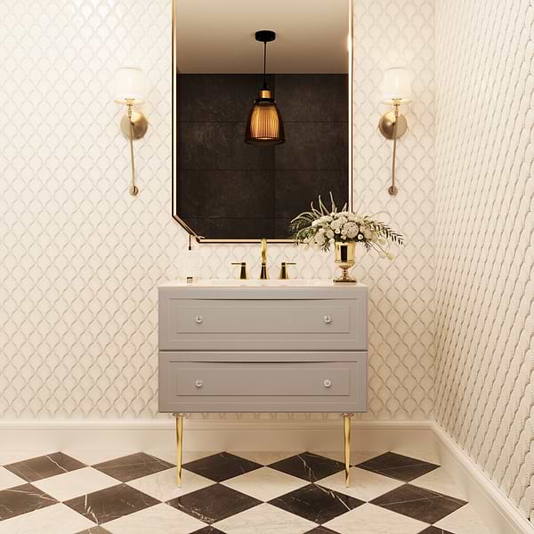 Alma Taupe 36" Vanity with Gold Legs & Knobs with Integrated White Solid Surface Top