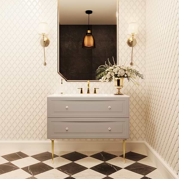 Alma Taupe 42" Vanity with Gold Legs & Knobs with Integrated White Solid Surface Top