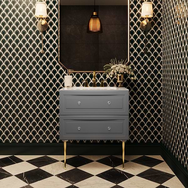 Alma Gray 30" Vanity with Gold Legs & Knobs with Integrated White Solid Surface Top