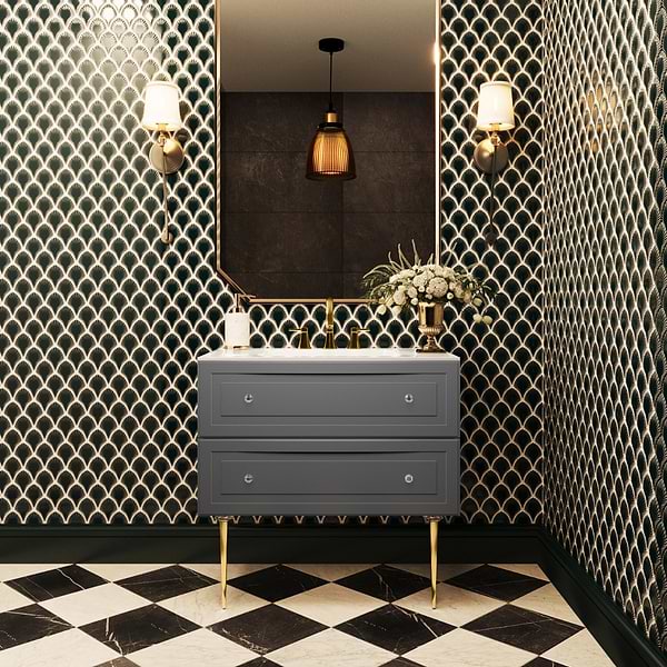 Alma Gray 36" Vanity with Gold Legs & Knobs with Integrated White Solid Surface Top