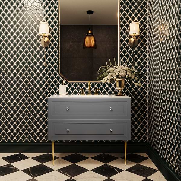 Alma Gray 42" Vanity with Gold Legs & Knobs with Integrated White Solid Surface Top