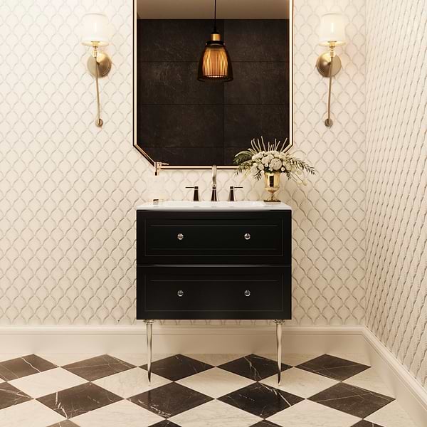 Alma Black 30" Vanity with Chrome Legs & Knobs with Integrated White Solid Surface Top