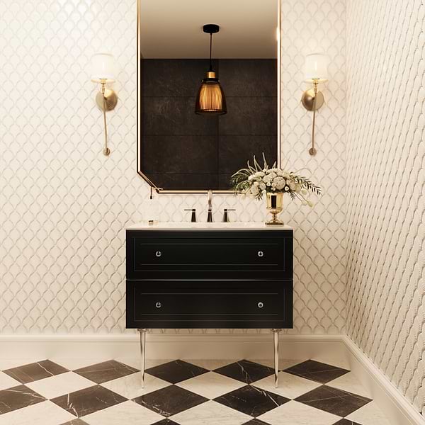 Alma Black 36" Vanity with Chrome Legs & Knobs with Integrated White Solid Surface Top