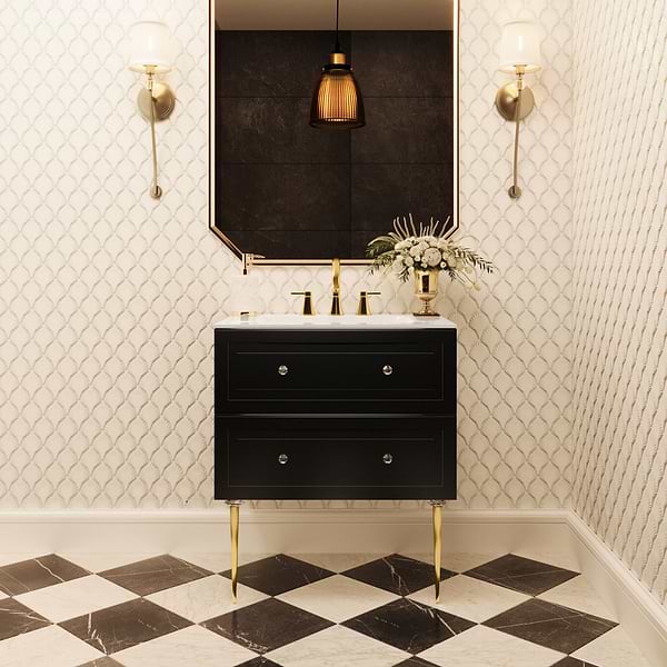 Alma Black 30" Vanity with Gold Legs & Knobs with Integrated White Solid Surface Top