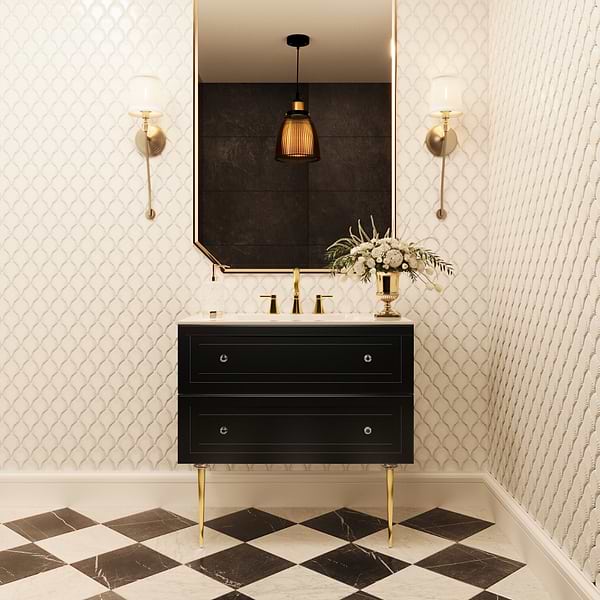 Alma Black 36" Vanity with Gold Legs & Knobs with Integrated White Solid Surface Top