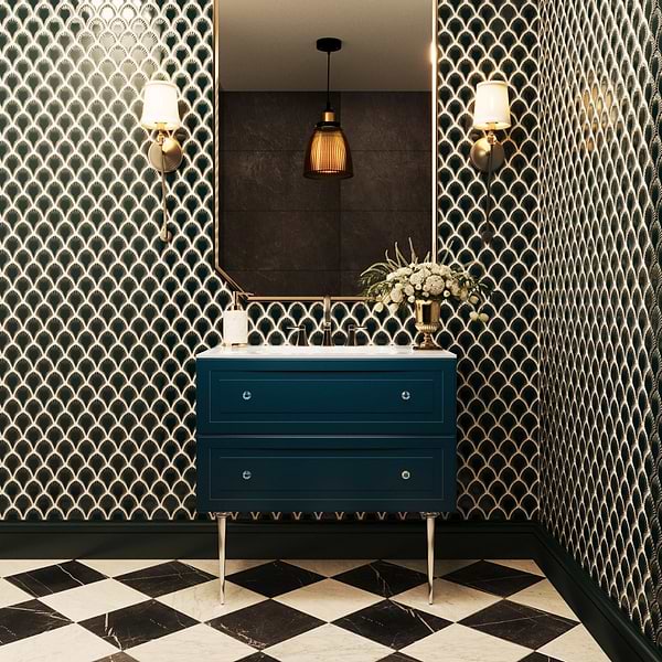Alma Turquoise 36" Vanity with Chrome Legs & Knobs with Integrated White Solid Surface Top