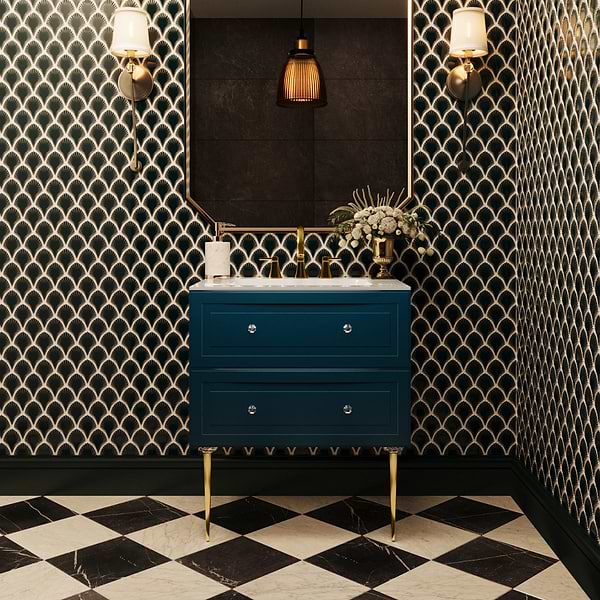 Alma Turquoise 30" Vanity with Gold Legs & Knobs with Integrated White Solid Surface Top