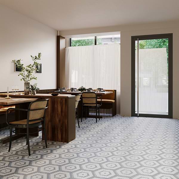 Juno Honeycomb Gray and White 1" Hexagon Polished Marble Mosaic Tile