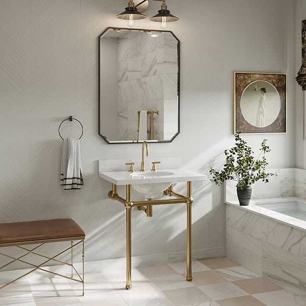 Avanti Calacatta Gold and Crema Marfil Beige 12x12 Tumbled Marble Checkerboard Tile