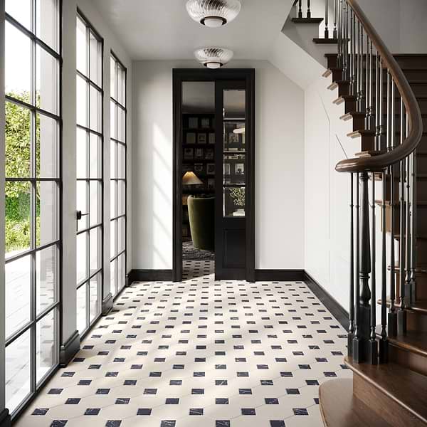 Alaris Simena 8" Octagon with Black Silk Dot Tumbled Limestone and Marble Tile