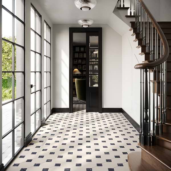 Alaris Simena 8" Octagon with Black Silk and Earth Gray Dot Tumbled Limestone and Marble Tile
