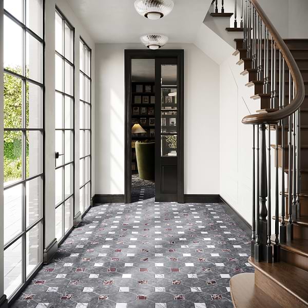 Alaris Lovina Gray 8" Octagon with Lilac and Rosso Levanto Dot Tumbled Marble Tile