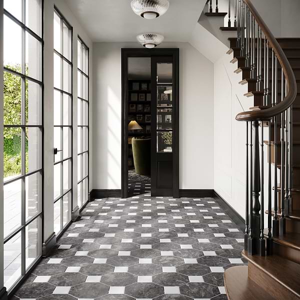 Alaris Lovina Gray 12" Octagon with Glacier White Dot Honed Marble Tile