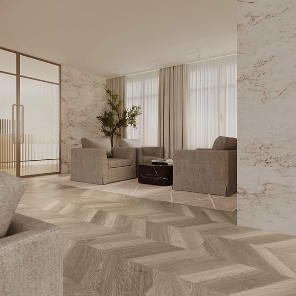 Aspen LVT Chevron Smoky 12x48 Luxury Vinyl Plank in Gray, View 3, open zoomed image