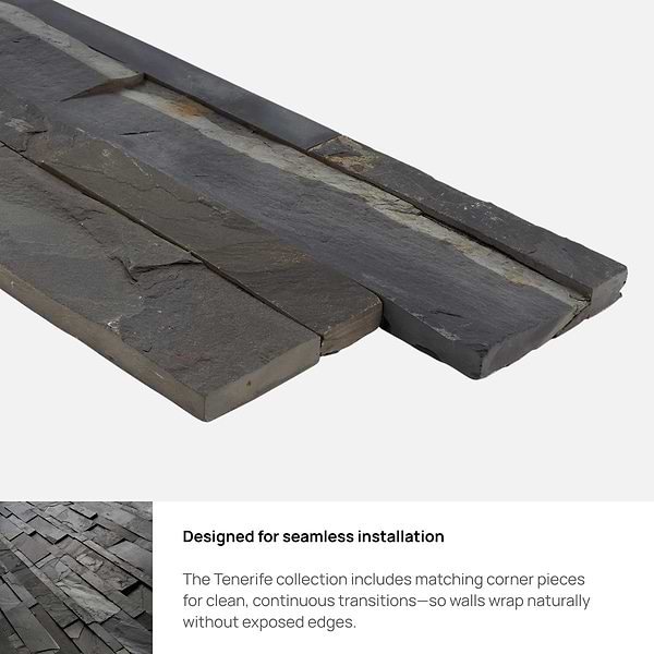 Tenerife Midnight Black 6x24 Splitface Slate Stacked Stone Tile