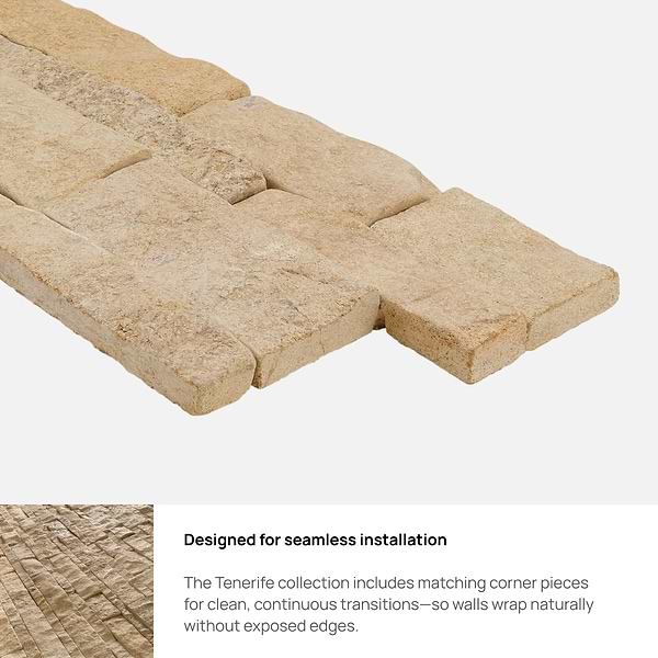 Tenerife French Cremar Beige 6x24 Brokenface Limestone Stacked Stone Corner