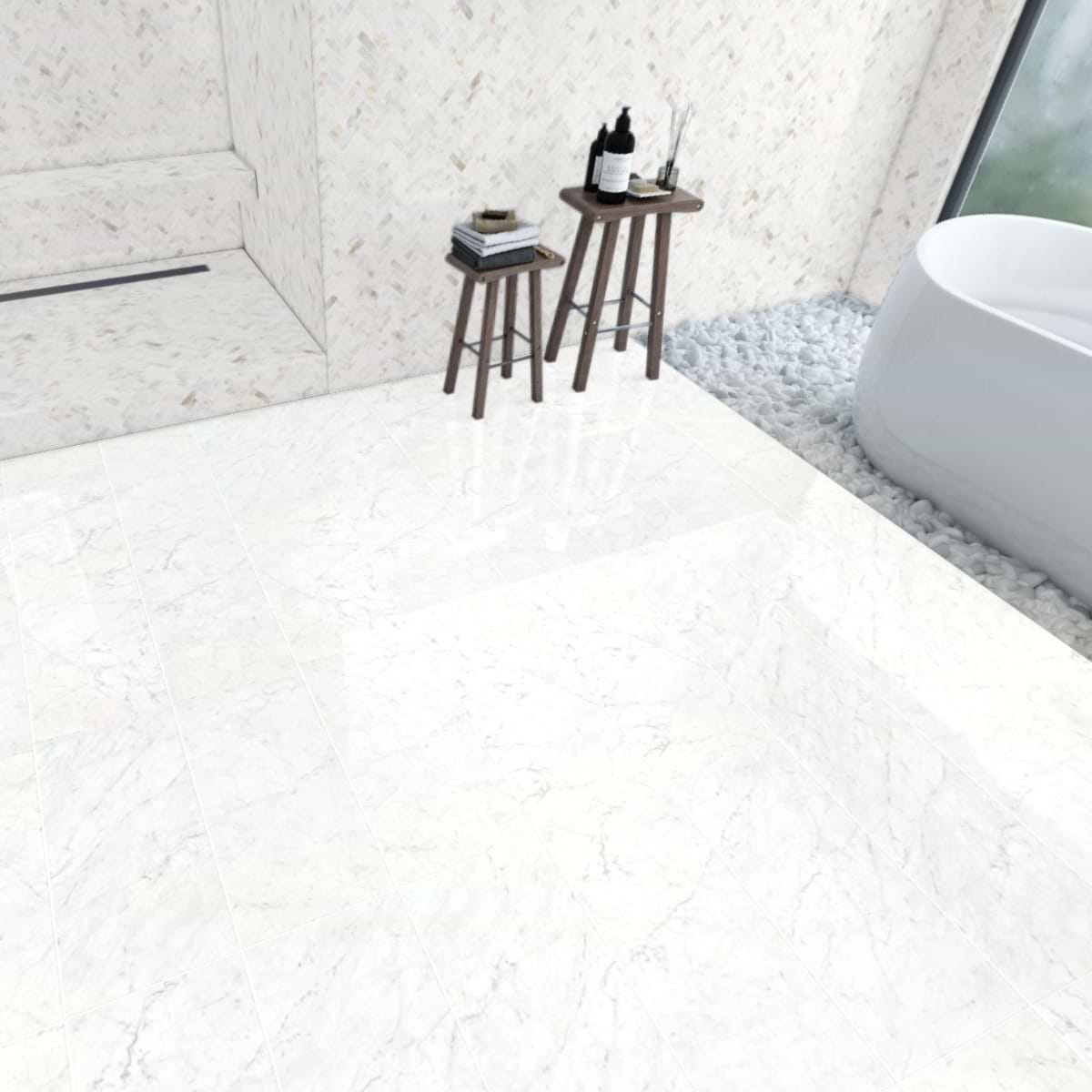 Marble Tech Bianco Gioia White 12x24 Polished Porcelain; in White  Porcelain ; for Backsplash, Bathroom Floor, Bathroom Wall, Commercial Floor, Floor Tile, Kitchen Floor, Kitchen Wall, Outdoor Floor, Outdoor Wall, Pool Tile, Shower Floor, Shower Wall, Wall Tile; in Style Ideas Art Deco, Classic, Contemporary, Craftsman, Modern, Transitional
