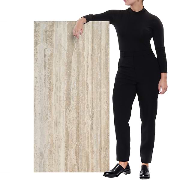 Romani Travertine Hazelnut Beige 3D Textured Veining 24x48 Stone Look Satin Porcelain Tile