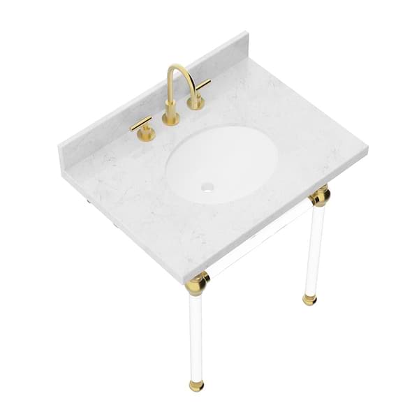 Elinor Brushed Brass 30" Single Console with Carrara Marble Top Oval Sink and Backsplash