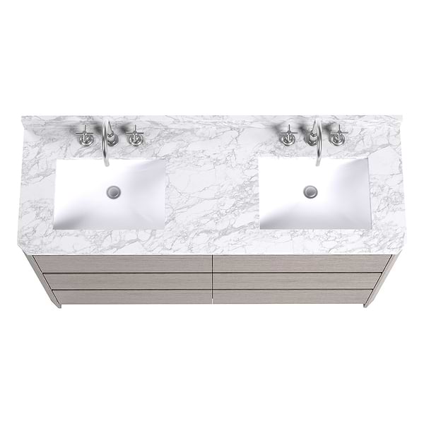 Dalton Steel Oak 60" Double Vanity with Carrara Marble Top by TileBar Studio Vanities, View 6, open zoomed image