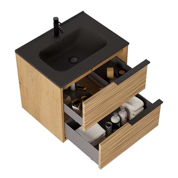 Kora Bamboo Faux Finish 24" Single Vanity with Integrated Black Ceramic Top & Black Handles