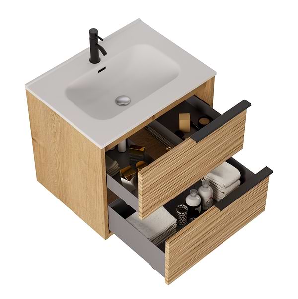 Kora Bamboo Faux Finish 24" Single Vanity with Integrated White Ceramic Top & Black Handles