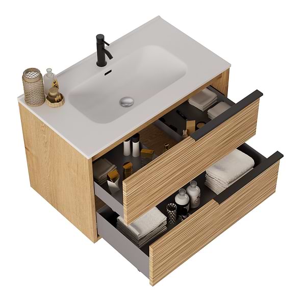 Kora Bamboo Faux Finish 32" Single Vanity with Integrated White Ceramic Top & Black Handles