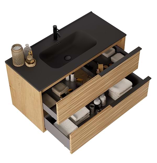 Kora Bamboo Faux Finish 40" Single Vanity with Integrated Black Ceramic Top & Black Handles