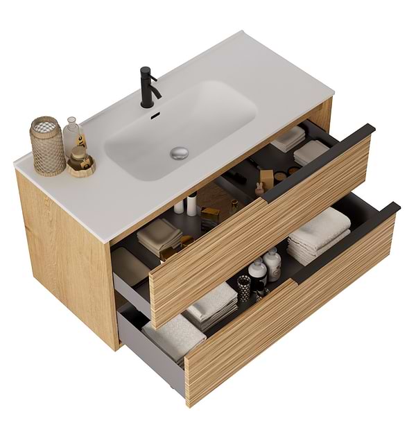 Kora Bamboo Faux Finish 40" Single Vanity with Integrated White Ceramic Top & Black Handles