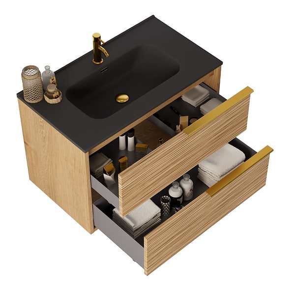 Kora Bamboo Faux Finish 32" Single Vanity with Integrated Black Ceramic Top & Gold Handles
