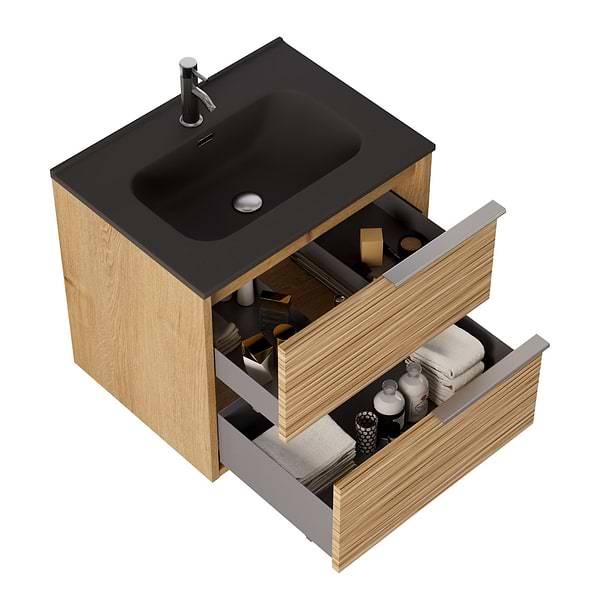 Kora Bamboo Faux Finish 24" Single Vanity with Integrated Black Ceramic Top & Silver Handles