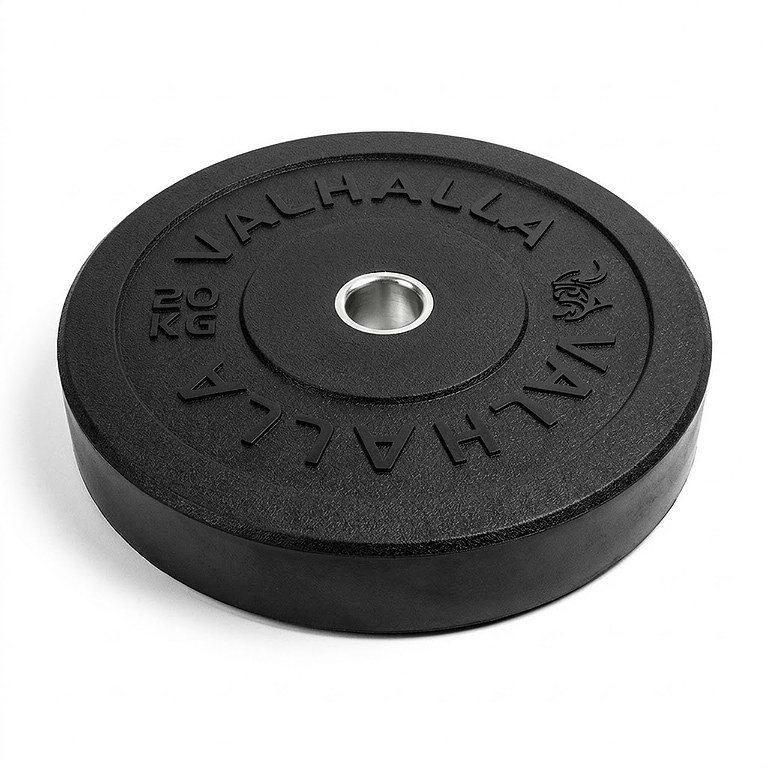צלחת משקל באמפר 20 ק"ג Valhalla Black Edition מגומי בתולי עם טבעת פלדה למכוני כושר וקרוספיט.