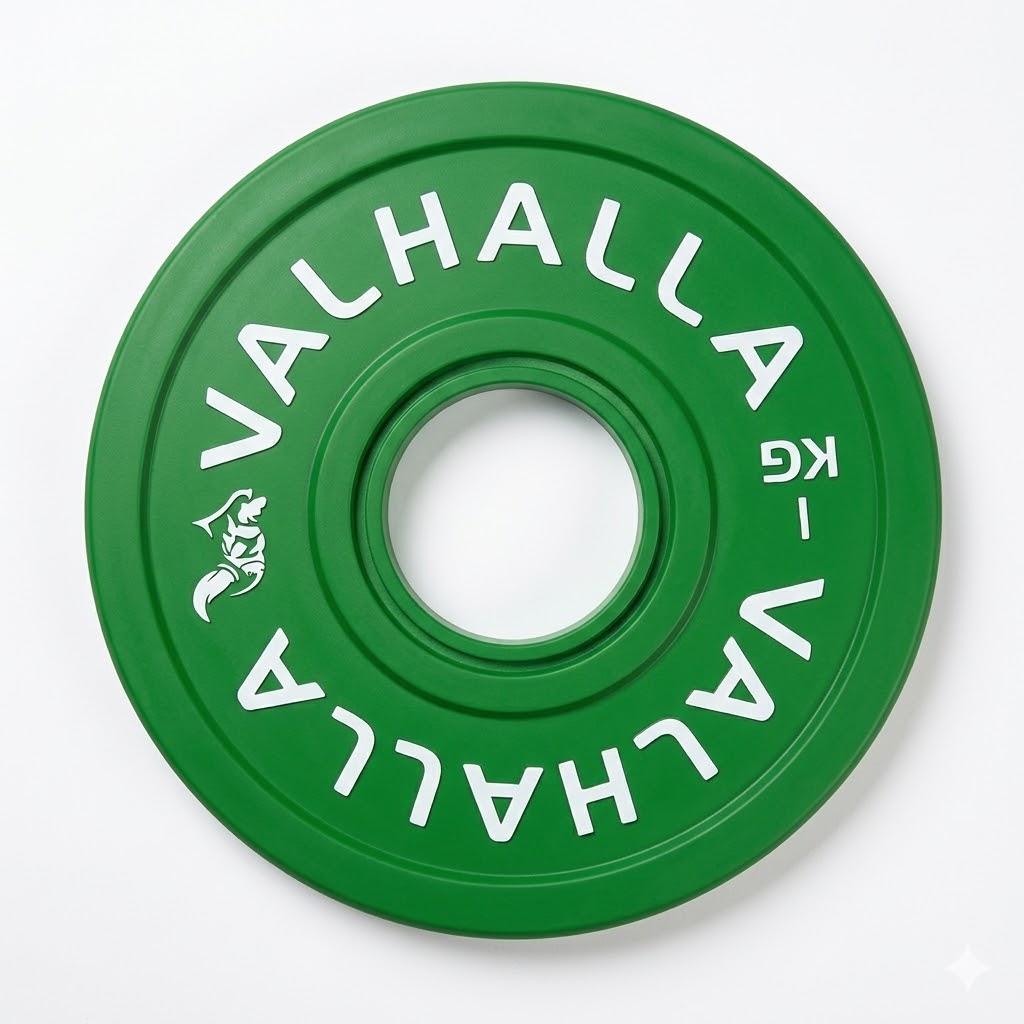 צלחת משקל אולימפית 1 ק"ג VALHALLA ירוקה עם ציפוי גומי לכיול ודיוק משקלים