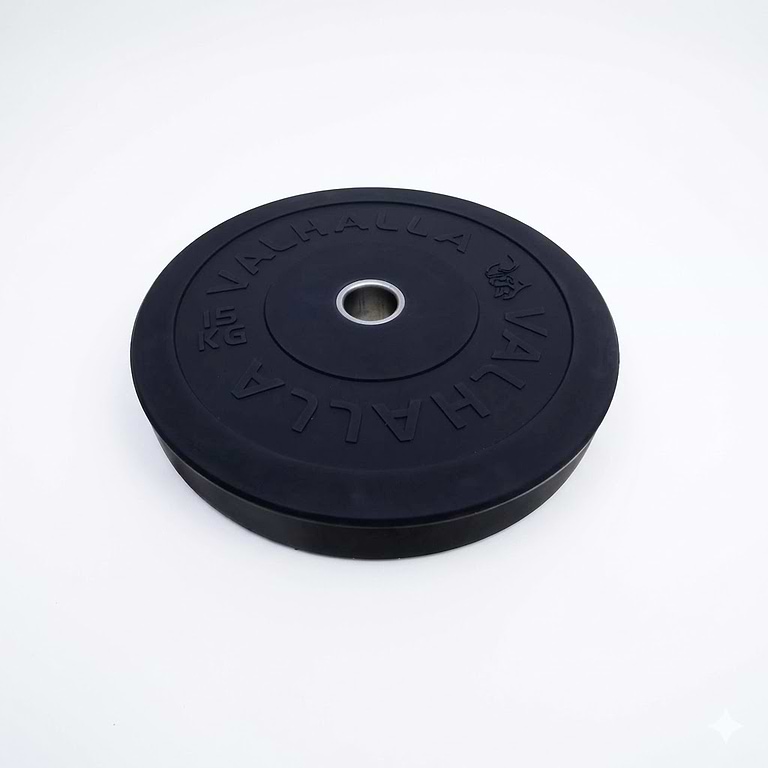 פלטת משקל באמפר Valhalla 15kg שחורה מגומי בתולי איכותי לאימוני כוח אולימפיים.