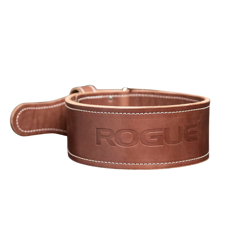 חגורת עור חומה להרמת משקולות Rogue Ohio עם אבזם פין בודד.